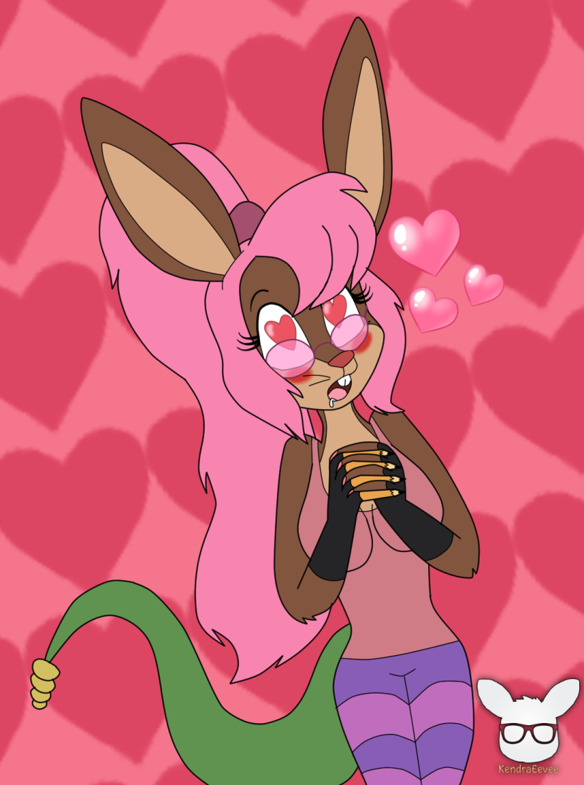 &lt;3 &lt;3_eyes anthro bodily_fluids brown_body brown_fur collette_(kendraeevee) drooling eyewear fan_character female fur glasses hair hi_res kendratheshinyeevee lagomorph leporid living_tail long_hair love mammal ponytail rabbit reptile saliva scalie smitten snake snake_tail solo tail tan_body tan_fur unusual_anatomy unusual_tail