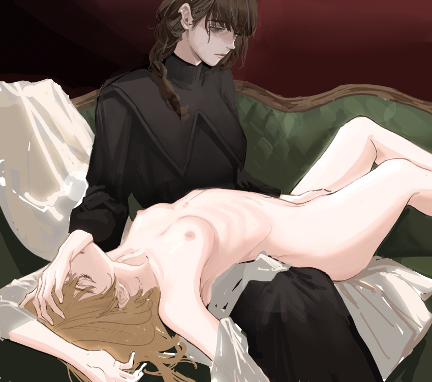 2girls absurdres black_robe black_sleeves blonde_hair bone breasts brown_hair clitoral_stimulation closed_eyes couch deerwhisky fingering hand_on_another's_face highres looking_down lying multiple_girls nipples nude on_back original red_background robe sitting yuri