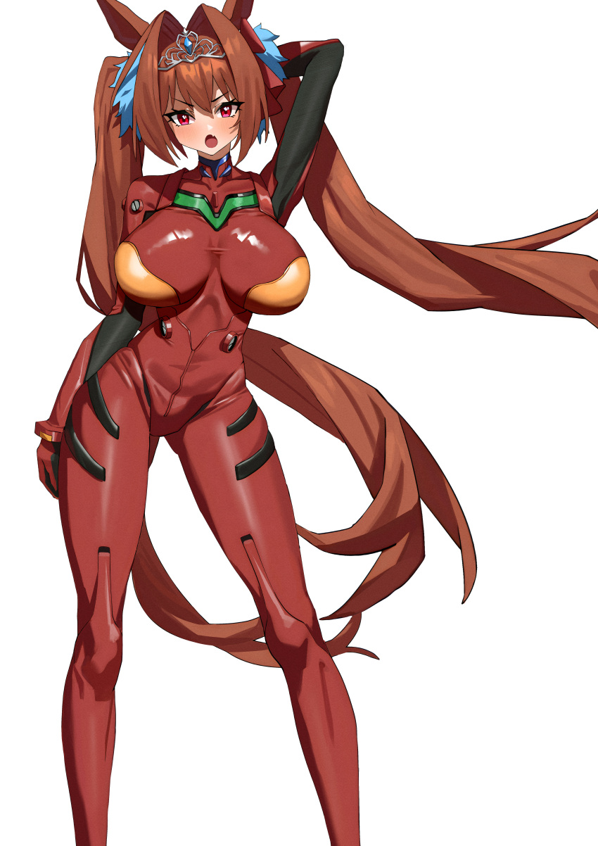 1girl absurdres animal_ears blush bodysuit breasts brown_hair cosplay daiwa_scarlet_(umamusume) fang feipin_zhanshi hair_between_eyes hair_ornament highres horse_ears horse_girl horse_tail large_breasts long_hair looking_at_viewer neon_genesis_evangelion open_mouth pilot_suit plugsuit red_bodysuit red_eyes skin_tight solo souryuu_asuka_langley souryuu_asuka_langley_(cosplay) standing tail tiara twintails umamusume very_long_hair white_background