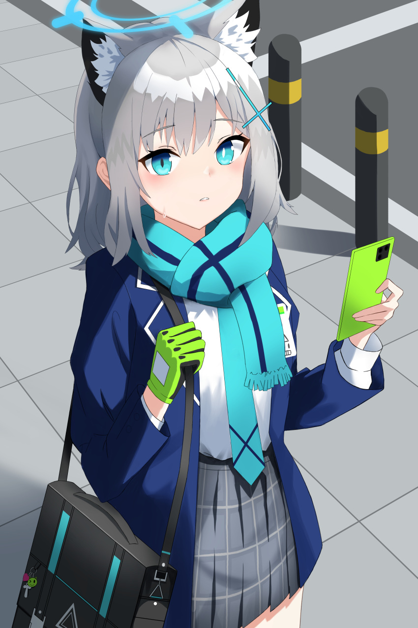 1girl absurdres animal_ear_fluff animal_ears bag blue_archive blue_necktie blue_scarf cellphone collared_shirt commentary_request cross_hair_ornament crosswalk gloves green_gloves hair_between_eyes hair_ornament halo highres holding holding_phone kaminose_(user_veum4325) long_sleeves looking_at_viewer medium_hair mismatched_pupils necktie outdoors parted_lips phone plaid plaid_skirt pleated_skirt scarf school_bag school_uniform shiroko_(blue_archive) shirt shoulder_bag sidelocks skirt smartphone solo stone_walkway two-tone_gloves wolf_ears wolf_girl