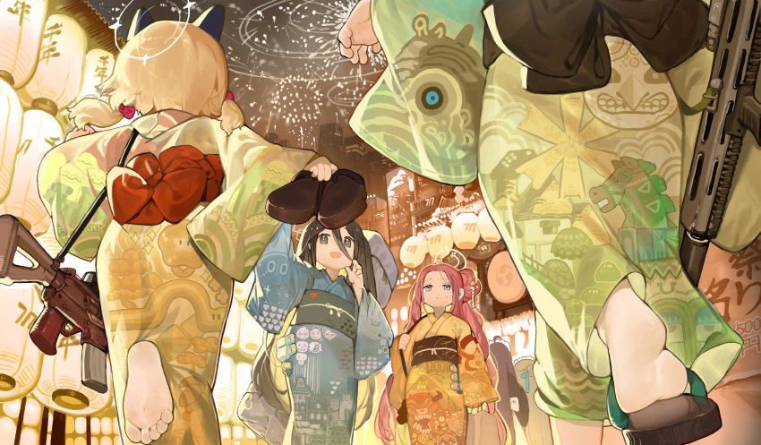 6+girls absurdres alternate_costume aris_(blue_archive) asuna_(blue_archive) back_bow barefoot black_hair blonde_hair blue_archive blue_eyes blue_kimono bow chinese_commentary commentary_request festival fireworks green_kimono gun hair_between_eyes halo highres holding holding_clothes holding_footwear holding_sandals japanese_clothes karin_(blue_archive) kimono long_hair long_sleeves menthako midori_(blue_archive) momoi_(blue_archive) multiple_girls no_socks obi purple_eyes red_hair sandals sash short_hair soles toes twintails unworn_sandals very_long_hair weapon yellow_kimono yuzu_(blue_archive)