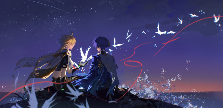 2boys aether_(genshin_impact) ahoge an_junjyue arm_armor back belt bird black_belt black_gloves black_pants black_shirt black_shorts blonde_hair blue_cape blunt_ends braid cape closed_mouth cloud elbow_gloves falling_star feather_hair_ornament feathered_wings feathers fingerless_gloves flower flying genshin_impact gloves gold_trim gradient_sky hair_between_eyes hair_ornament hand_up highres light long_hair looking_to_the_side multiple_boys night night_sky no_headwear ocean outdoors pants pink_sky purple_belt purple_hair purple_sky rock scaramouche_(genshin_impact) scarf shirt short_hair short_sleeves shorts sitting sky star_(sky) starry_sky vest wanderer_(genshin_impact) water white_scarf white_vest wings