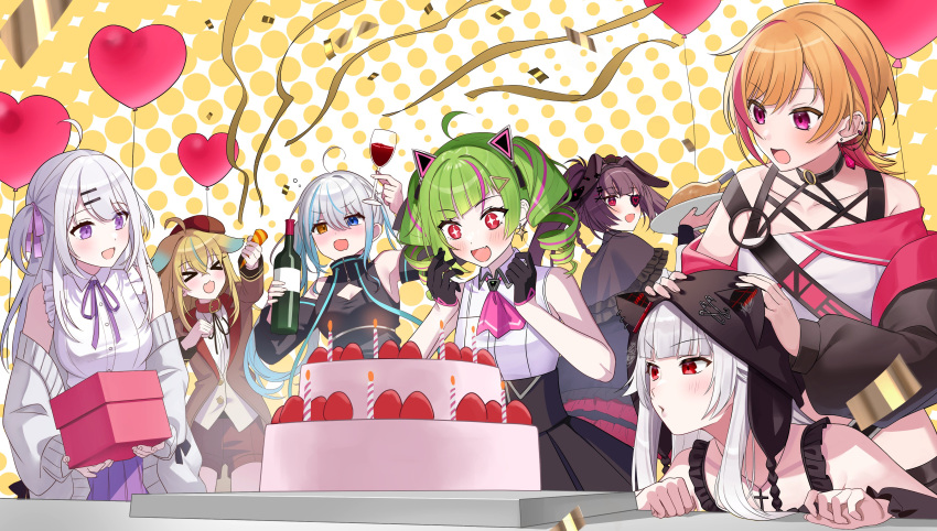 &gt;_&lt; +_+ 6+girls absurdres ahoge alcohol animal_ears balloon birthday birthday_cake black_gloves black_hair blast_project blonde_hair blue_eyes blush bottle cake character_request cup delutaya drill_hair drinking_glass earrings eyepatch fake_animal_ears food gift gloves green_hair halftone halftone_background hatsuno_xxx heart_balloon heterochromia highres holding holding_bottle holding_gift holding_plate indie_virtual_youtuber jewelry kiruno_ruki long_hair medium_hair mitwun multicolored_hair multiple_girls orange_hair party_popper plate purple_eyes red_eyes shinsougumi shitagai_nora star_(symbol) star_earrings streaked_hair twin_drills virtual_youtuber white_hair wine wine_glass yellow_eyes