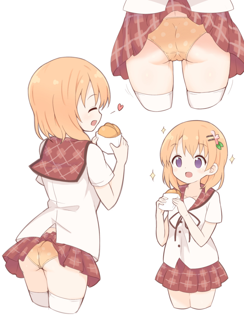 1girl :d ass black_ribbon blouse bread breasts buttons closed_eyes clothes_lift collarbone commentary_request cropped_legs food food_wrapper from_behind gochuumon_wa_usagi_desu_ka? hair_ornament hairclip happy heart highres holding holding_food hoto_cocoa hoto_cocoa's_school_uniform motion_lines multiple_views neck_ribbon open_mouth orange_hair orange_panties panties plaid plaid_sailor_collar plaid_skirt pleated_skirt polka_dot polka_dot_panties purple_eyes red_sailor_collar red_skirt ribbon sailor_collar school_uniform serafuku shirt short_hair short_sleeves simple_background skirt skirt_lift small_breasts smile sparkle standing thighhighs underwear white_background white_shirt white_thighhighs wrapper yaplus