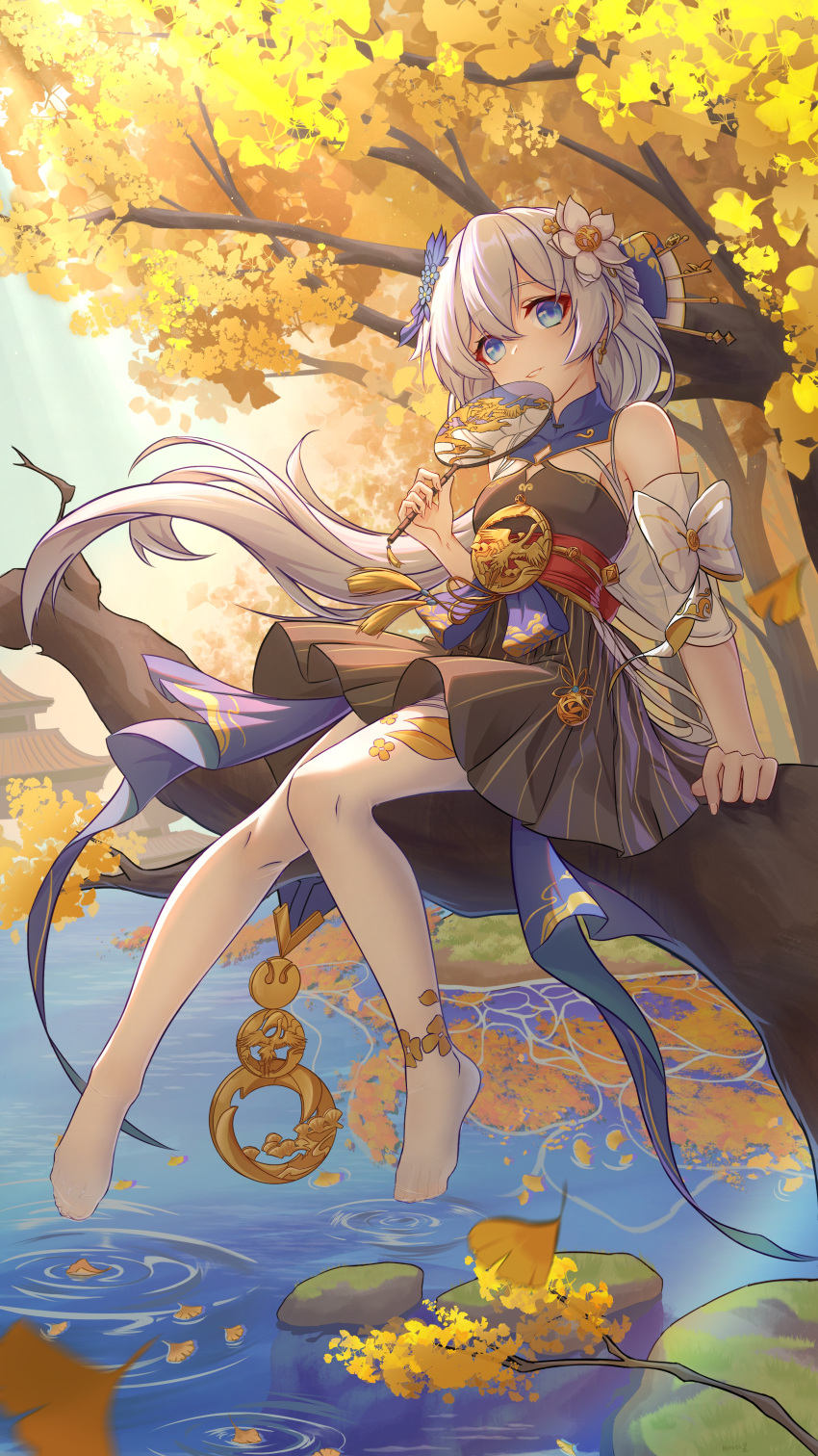 1girl absurdres bare_shoulders barefoot black_dress blue_eyes branch china_dress chinese_clothes chinese_commentary closed_mouth commentary_request dress feet flower full_body hair_between_eyes hair_flower hair_ornament hand_fan highres hinata_mr_assassin holding holding_fan honkai_(series) honkai_impact_3rd in_tree jewelry leaf long_hair looking_at_viewer no_shoes outdoors reflection sitting sitting_in_tree sleeveless smile soaking_feet solo theresa_apocalypse theresa_apocalypse_(starlit_astrologos) thighhighs toes tree water white_flower white_hair white_thighhighs zhuge_kongming_(honkai_impact)