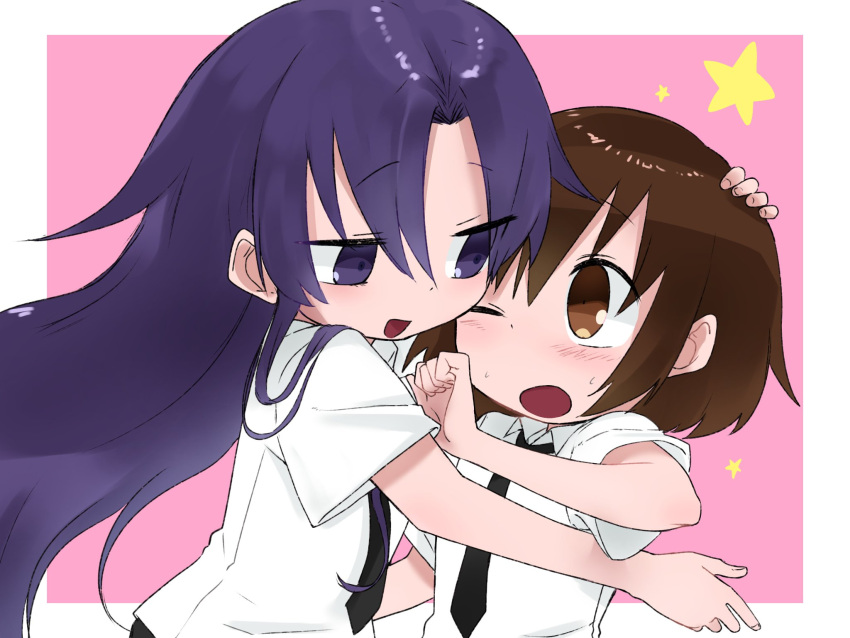 2girls black_necktie blush brown_eyes brown_hair fusuma_(suwaru_boom) goshiki_agiri highres hug kill_me_baby long_hair multiple_girls necktie open_mouth oribe_yasuna pink_hair purple_eyes purple_hair school_uniform short_hair yuri