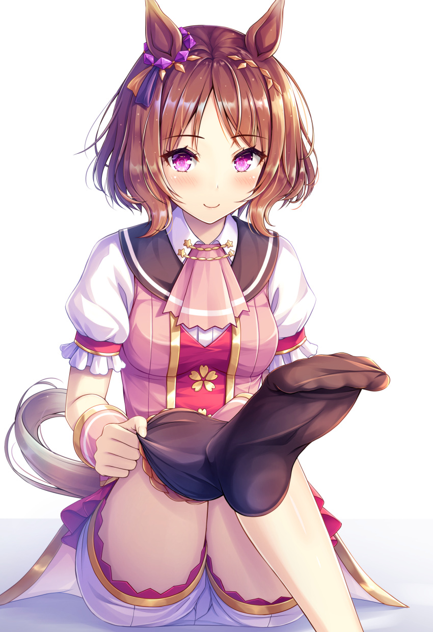 1girl akashio_(loli_ace) animal_ears black_socks blush breasts brown_hair closed_mouth collared_shirt commentary_request dress_shirt feet feet_out_of_frame highres horse_ears horse_girl horse_tail kneehighs parted_bangs pink_vest puffy_short_sleeves puffy_sleeves purple_eyes sakura_laurel_(umamusume) shirt short_shorts short_sleeves shorts simple_background small_breasts smile sock_pull socks soles solo tail umamusume vest white_background white_shirt white_shorts