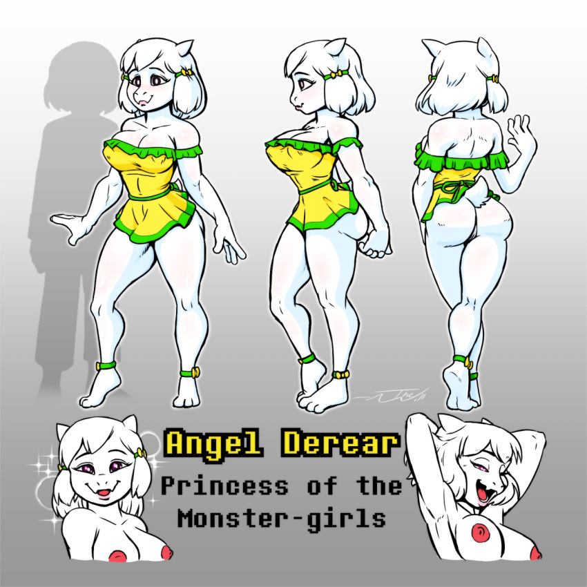 &lt;3 &lt;3_eyes 1:1 angel_derear anthro asriel_dreemurr boss_monster bottomless bovid bow_ribbon breasts caprine clothed clothing dress female goat hands_behind_back hands_behind_head hi_res looking_at_viewer mammal model_sheet silhouette solo sparkles standing thewill undertale undertale_(series)