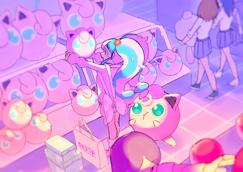 3girls angry bag blue_eyes closed_mouth commentary fairy_miku_(project_voltage) flower hair_flower hair_ornament hatsune_miku highres holding holding_stuffed_toy indoors jigglypuff long_hair long_sleeves looking_at_another multiple_girls open_mouth ora_(oraora_oekaki) outstretched_arms people pink_background pink_sweater pokemon pokemon_(creature) project_voltage red_flower shelf shoe_box shop shopping shopping_bag sidelocks smile standing stuffed_animal stuffed_toy sweater tile_floor tiles twintails very_long_hair vocaloid white_bag