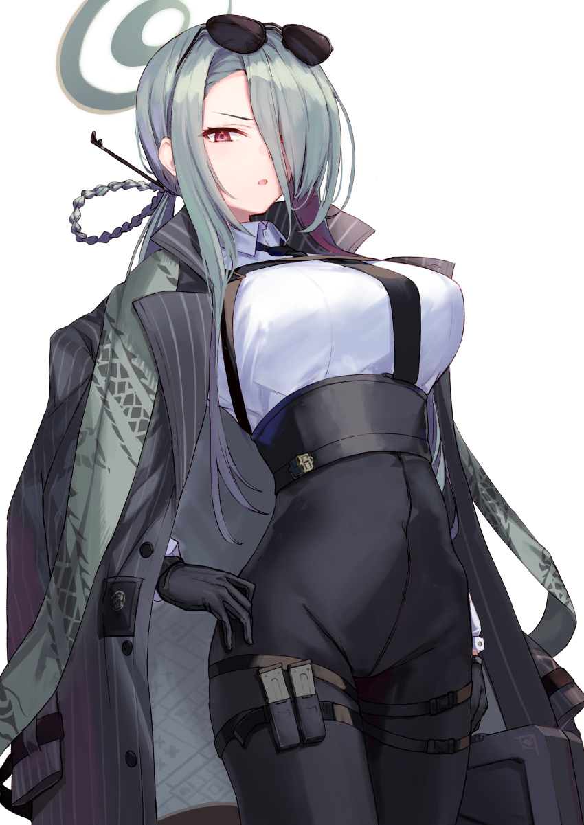 1girl absurdres black_gloves black_pants blue_archive braid breasts briefcase coat coat_on_shoulders collared_shirt dragon_print dress_shirt eyewear_on_head gloves grey_coat grey_hair hair_ornament hair_over_one_eye hair_rings hair_stick halo high-waist_pants highres large_breasts long_hair long_sleeves looking_at_viewer mina_(blue_archive) necktie ninoude_(ninoude44) open_mouth pants ponytail purple_eyes shirt sidelocks solo sunglasses thigh_strap thighs tight_clothes tight_pants underbust vertical-striped_coat white_shirt