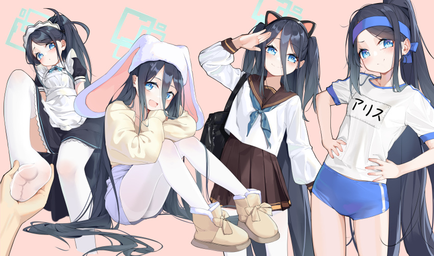 1girl 1other absurdly_long_hair absurdres animal_ears apron aris_(blue_archive) aris_(maid)_(blue_archive) black_dress black_hair blue_archive blue_buruma blue_eyes blue_headband blue_neckerchief blush boots brown_sailor_collar brown_skirt buruma cat_ears closed_mouth commentary_request dress fake_animal_ears frilled_apron frills green_halo gym_shirt gym_uniform halo hands_on_own_hips headband highres long_hair long_sleeves maid maid_apron maid_headdress multiple_views name_tag neckerchief official_alternate_costume one_side_up open_mouth painterliuhao pantyhose pink_background pleated_skirt purple_skirt sailor_collar school_uniform serafuku shirt short_sleeves simple_background skirt smile thighhighs translated two_side_up very_long_hair white_apron white_pantyhose white_thighhighs yellow_footwear yellow_shirt