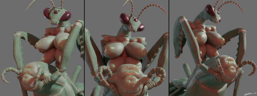 3d_(artwork) antennae_(anatomy) anus arthropod arthropod_abdomen arthropod_abdomen_anus arthropod_abdomen_genitalia arthropod_abdomen_pussy big_breasts breasts busty_feral butt compound_eyes digital_media_(artwork) exoskeleton female feral genitals green_body grey_background hi_res insect inverted_nipples mandibles mantis multi_breast multi_eye multicolored_body nipples presenting presenting_anus presenting_hindquarters presenting_pussy purple_eyes pussy semi-anthro simple_background solo tan_body two_tone_body zevex