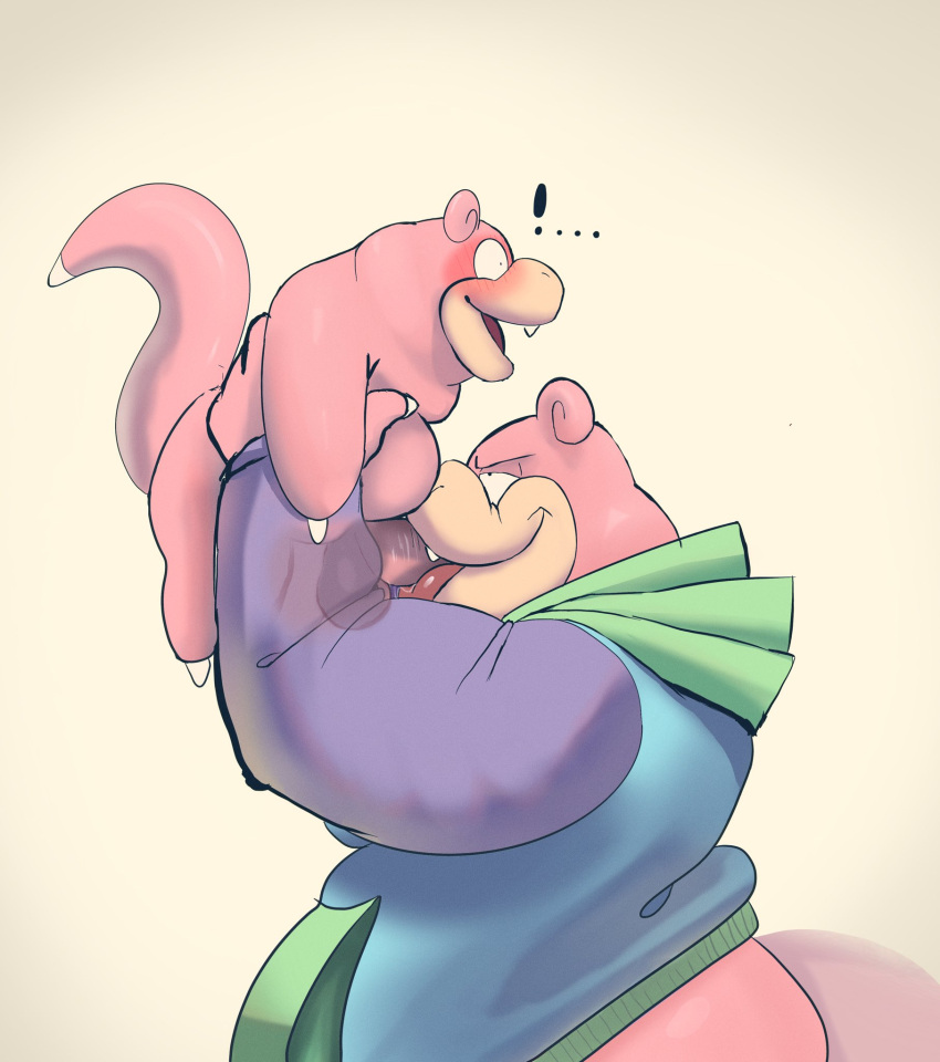 anthro balls blush clothing cute_fangs debudraws duo fellatio generation_1_pokemon genitals hi_res lifting_partner male male/male nintendo oral penile pink_body pokemon pokemon_(species) sex size_difference slowbro slowpoke surprised_expression sweater tan_body tongue topwear