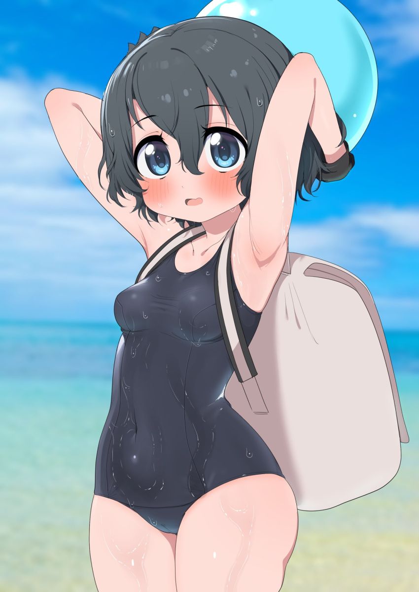 1girl armpits black_hair black_one-piece_swimsuit blue_eyes blush breasts cameltoe collarbone covered_navel highres kaban_(kemono_friends) kemono_friends looking_at_viewer ocean one-piece_swimsuit open_mouth outdoors ransusan short_hair small_breasts smile solo swimsuit