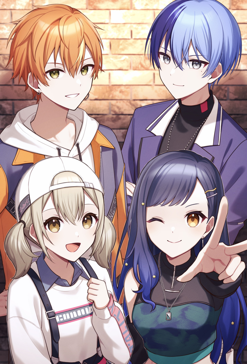 2boys 2girls absurdres aoyagi_touya asymmetrical_sleeves azusawa_kohane backwards_hat baseball_cap blonde_hair blue_hair brick_wall brown_eyes collared_shirt crop_top earrings grey_eyes grin hair_ornament hairclip hand_on_own_chest hat highres jewelry long_sleeves looking_at_viewer low_twintails mole mole_under_mouth multicolored_hair multiple_boys multiple_girls necklace one_eye_closed open_mouth orange_hair project_sekai reaching reaching_towards_viewer shinonome_akito shiraishi_an shirt short_sleeves smile split-color_hair star_(symbol) star_hair_ornament suspenders teneko02 twintails two-tone_hair vivid_bad_squad_(project_sekai) w yellow_eyes