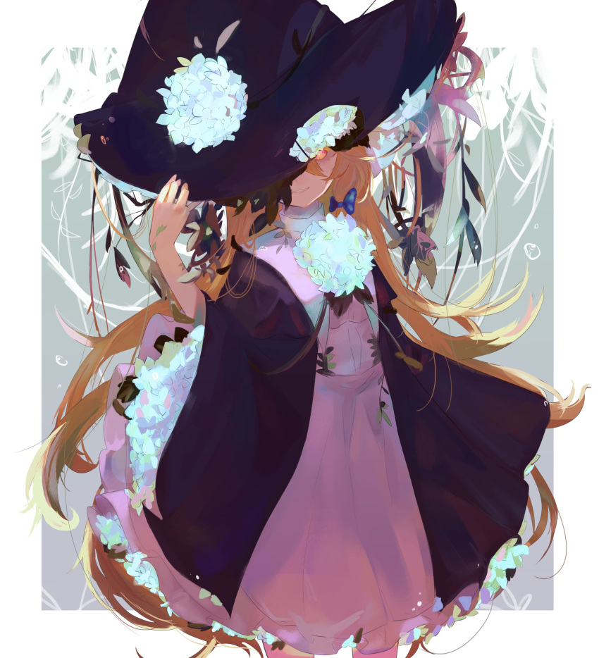 1girl adapted_costume black_headwear blonde_hair blue_flower dress feet_out_of_frame flower grin hat hat_flower highres hydrangea kirisame_marisa long_hair open_mouth purple_dress sawararado smile solo touhou witch_hat yellow_eyes