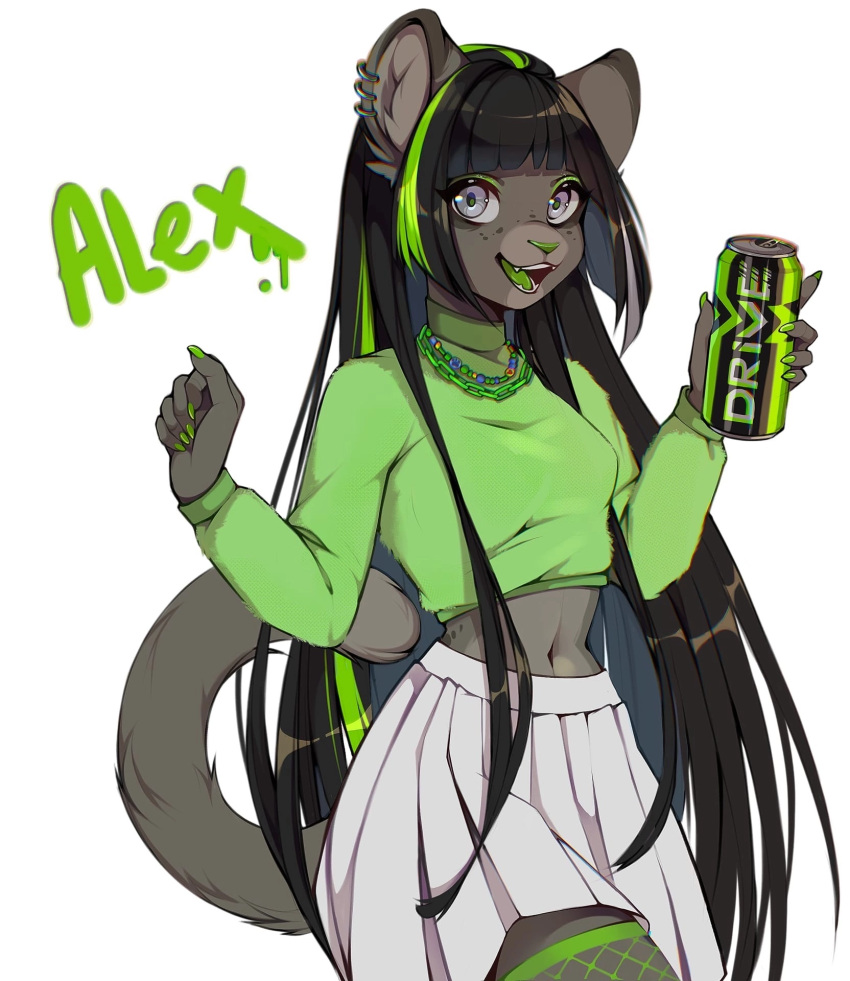 2023 alex_(iivochka) anthro bangs beverage beverage_can biped black_hair bottomwear character_name clothing countershade_face countershade_torso countershading crop_sweater digital_media_(artwork) drive_(energy_drink) ear_piercing eyelashes eyeshadow felid feline female fishnet fishnet_legwear green_clothing green_eyeshadow green_fingernails green_highlights green_legwear green_nose green_sweater green_tongue green_topwear grey_eyes hair hi_res highlights_(coloring) holding_beverage holding_object iivochka jewelry legwear long_hair long_sleeves makeup mammal navel necklace open_mouth piercing pleated_skirt portrait shaded simple_background skirt solo standing sweater tail teeth three-quarter_portrait tongue topwear white_background white_bottomwear white_clothing white_skirt