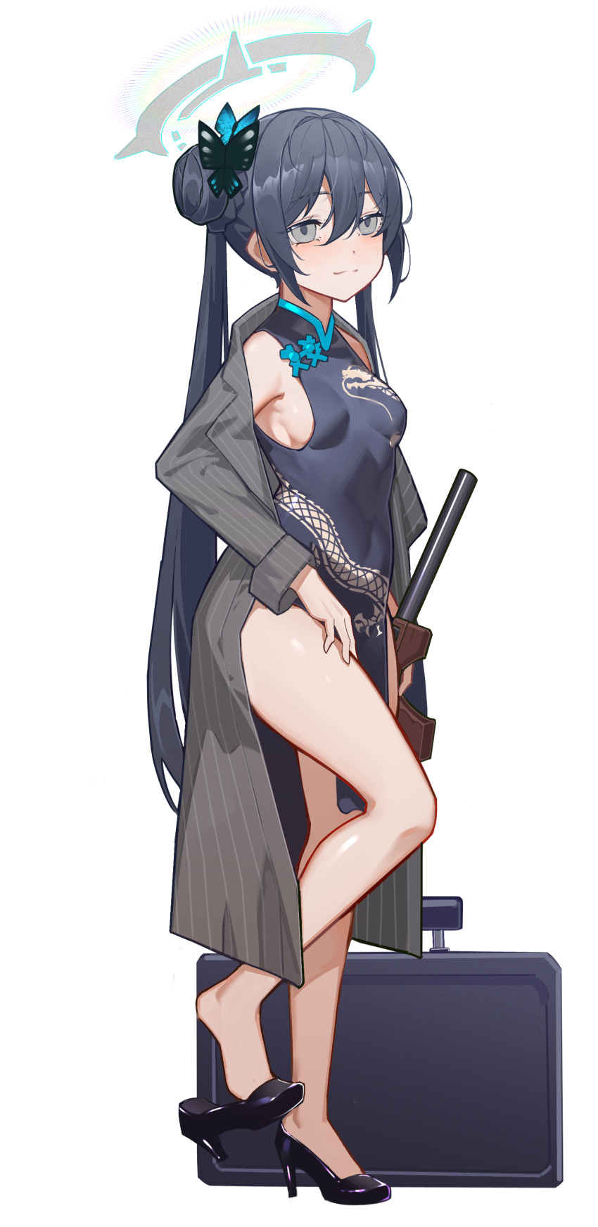 1girl absurdres black_coat black_dress black_footwear black_hair blue_archive butterfly_hair_ornament china_dress chinese_clothes coat commentary_request cs/ls06 double_bun dress from_side full_body grey_eyes gun hair_between_eyes hair_bun hair_ornament halo high_heels highres holding holding_gun holding_weapon jinjide_shaonian kisaki_(blue_archive) long_hair long_sleeves looking_at_viewer looking_to_the_side open_clothes open_coat pelvic_curtain side_slit sidelocks simple_background sleeveless sleeveless_turtleneck smile solo standing suitcase turtleneck twintails weapon white_background