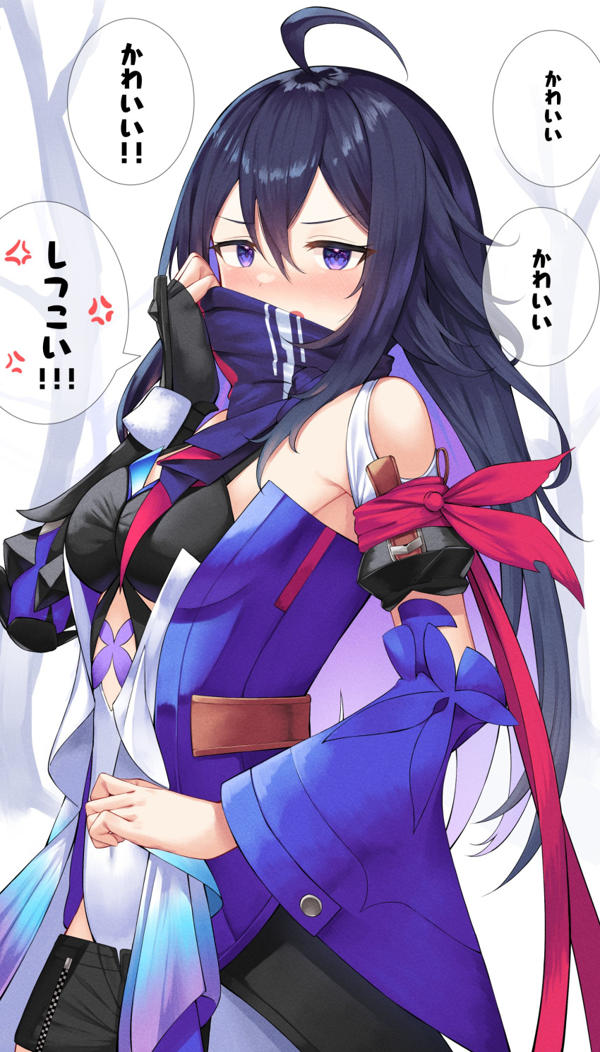 1girl absurdres ahoge armpit_crease asymmetrical_sleeves bandana bandana_around_arm black_shorts blue_hair blush covering_mouth detached_sleeves feet_out_of_frame gauntlets hair_between_eyes highleg highleg_leotard highres honkai:_star_rail honkai_(series) leotard long_hair looking_at_viewer mismatched_sleeves multicolored_clothes purple_eyes red_bandana seele_(honkai:_star_rail) short_shorts shorts solo speech_bubble translation_request upper_body v-shaped_eyebrows yamato_(muchuu_paradigm)