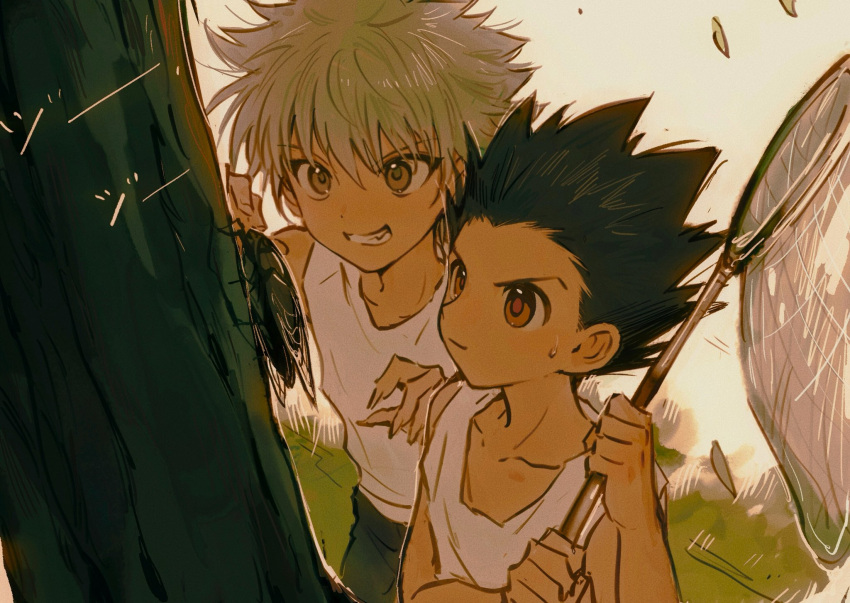 2boys black_hair bug butterfly_net cicada clenched_teeth closed_mouth gon_freecss grey_hair hair_between_eyes hand_net highres holding holding_butterfly_net hunter_x_hunter kiko killua_zoldyck male_focus multiple_boys outdoors shorts sound_effects spiked_hair sweat tank_top teeth tree white_tank_top