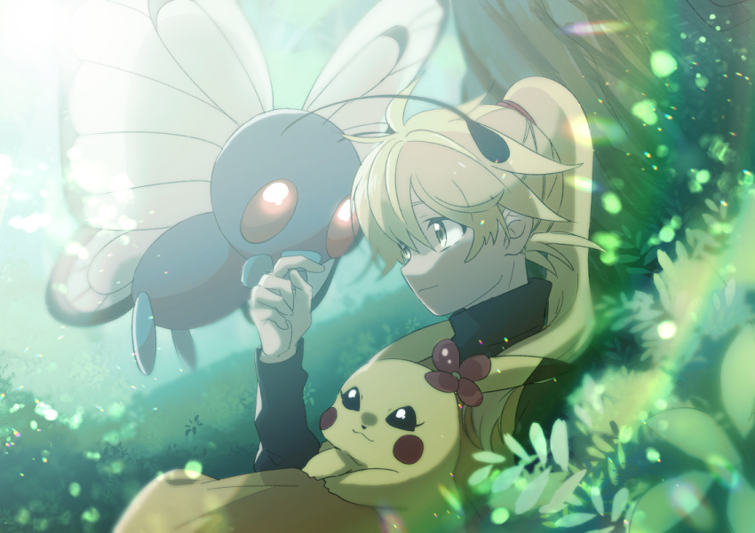 1girl bangs black_shirt blonde_hair blurry butterfree closed_mouth commentary_request day hand_up long_hair long_sleeves marutoko45 outdoors pikachu pokemon pokemon_(creature) pokemon_adventures ponytail shirt tree turtleneck yellow_(pokemon) yellow_eyes yellow_tunic