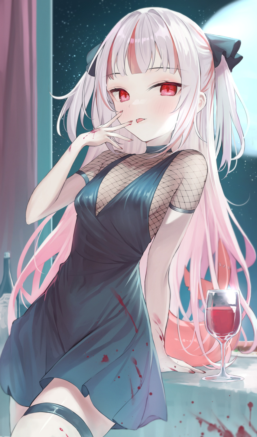 1girl alcohol arm_support black_dress black_ribbon blood blood_on_clothes blood_stain blunt_bangs bottle breasts commentary_request cup dress drinking_glass fingernails fins fish_tail fishnet_thighhighs fishnets full_moon gawr_gura grey_hair hair_ribbon highres hololive hololive_english light_blush long_hair looking_at_viewer moon multicolored_hair nail_polish night red_eyes red_hair red_nails red_wine reflect_(gawr_gura) revision ribbon shark_girl shark_tail sidelocks small_breasts solo star_(sky) streaked_hair tail takumi11 thigh_strap thighhighs tongue tongue_out virtual_youtuber window wine wine_bottle wine_glass