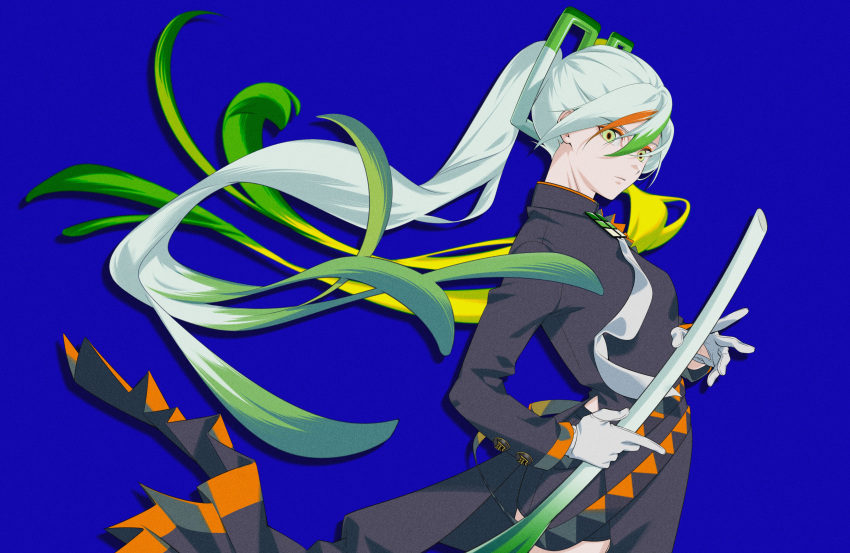 1girl absurdres blue_background blurry closed_mouth coat commentary_request fighting_miku_(project_voltage) film_grain floating_hair from_side gcckg gloves green_eyes hatsune_miku highres holding long_hair long_sleeves looking_to_the_side multicolored_hair necktie pokemon project_voltage solo spring_onion streaked_hair twintails vocaloid white_gloves
