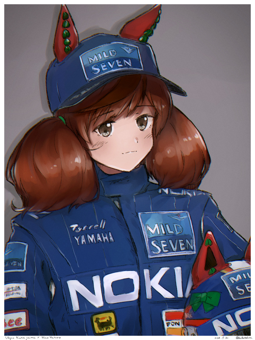 1girl animal_ears animal_ears_helmet artist_name balladeluce baseball_cap blue_headwear blue_jacket brown_eyes brown_hair character_name cosplay formula_one grey_background hat headwear_removed helmet helmet_removed highres horse_ears horse_girl jacket katayama_ukyou katayama_ukyou_(cosplay) long_hair nice_nature_(umamusume) nokia_(company) portrait racing_suit real_life smile solo twintails tyrrell umamusume yamaha