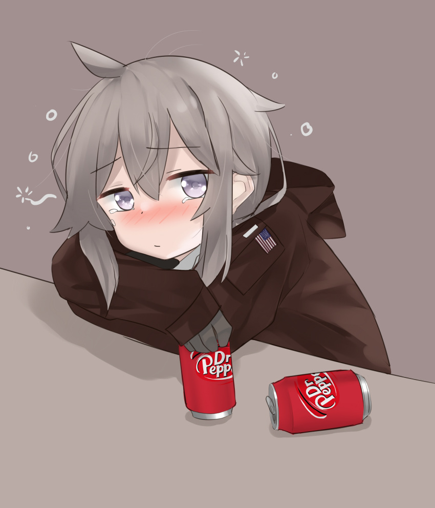 absurdres ahoge american_flag blush brown_jacket can dr_pepper exhausted girls'_frontline gloves highres jacket m200_(girls'_frontline) pepsi2330 sleepy soda_can tears