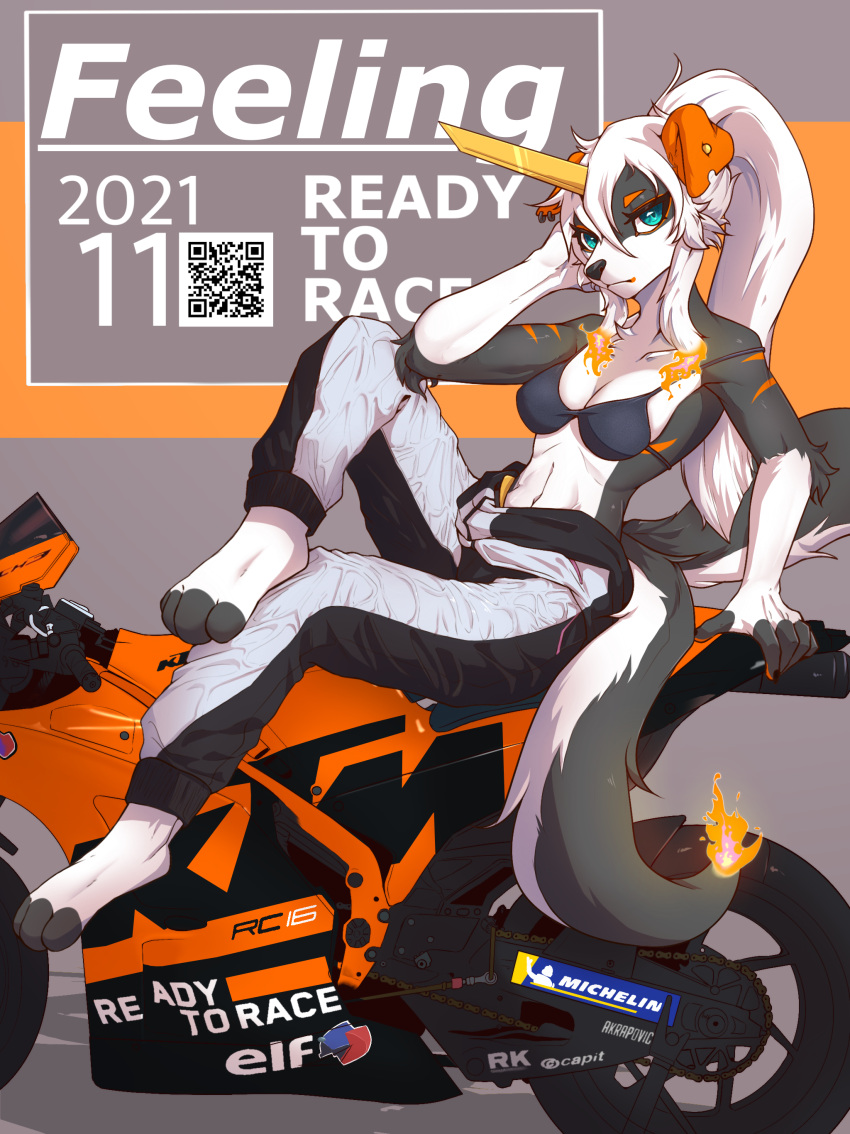 2021 2_tails absurd_res anthro arm_support arm_tuft barefoot blue_eyes bra breasts canid canine canis clothed clothing cover decal ear_piercing elbow_tuft eyebrows feet female fingerless_(marking) fire flaming_hair flaming_tail floppy_ears frown full-length_portrait hair hi_res horn jumpsuit ktm leaning_on_elbow long_hair looking_at_viewer magazine_cover mammal metal_horn michelin motorcycle multi_tail navel notched_ear on_vehicle orange_eyebrows orange_stripes partially_clothed piercing pinup ponytail portrait pose pseudo_hair qr_code raised_leg ricky945 serious shadow sitting solo stripes tail toeless_(marking) tuft underwear vehicle white_hair wolf