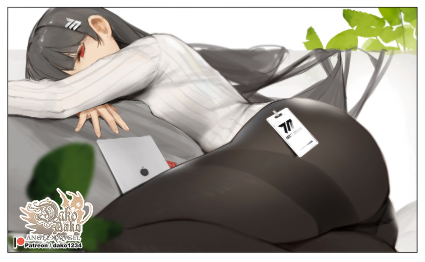 1girl artist_logo ass black_hair black_pantyhose blue_archive blurry border condom condom_wrapper depth_of_field english_commentary highres hu_dako hugging_object id_card leaf long_hair lying on_side pantyhose patreon_username pillow pillow_hug red_eyes rio_(blue_archive) solo sweater tablet_pc thighband_pantyhose very_long_hair white_border white_sweater