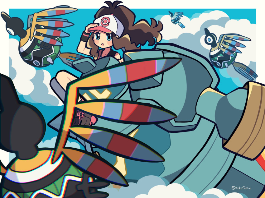 1girl :o artist_name baseball_cap black_footwear black_wristband blue_eyes blue_sky border brown_hair cloud colored_skin commentary_request flying golem golurk hat highres hilda_(pokemon) kokashiho long_hair multicolored_skin one-eyed pokemon pokemon_(creature) pokemon_bw ponytail riding riding_pokemon sigilyph sky white_border white_headwear