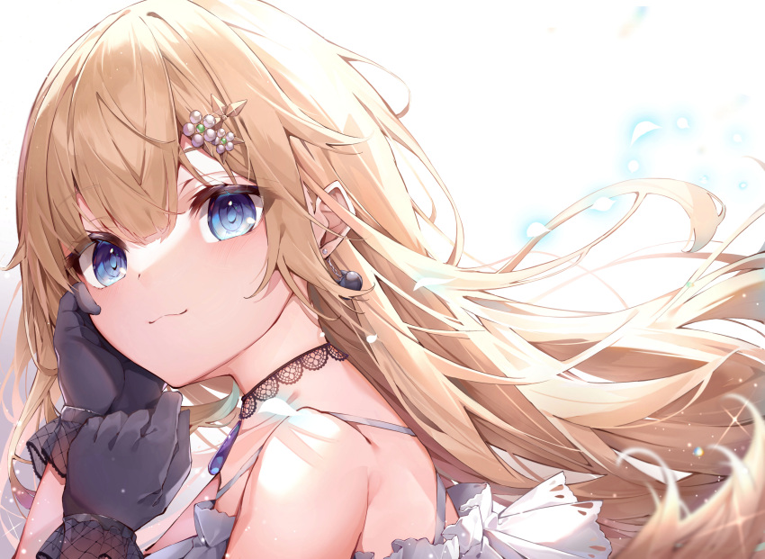1girl absurdres aizawa_ema black_gloves blonde_hair blue_eyes blush cat_earrings choker closed_mouth collarbone dress earrings gloves hair_between_eyes hair_flaps hair_ornament hairclip highres jewelry lace lace-trimmed_choker lace_choker lace_gloves lace_trim long_hair looking_at_viewer matutoki_nara05 simple_background smile solo upper_body very_long_hair virtual_youtuber vspo! white_background white_dress