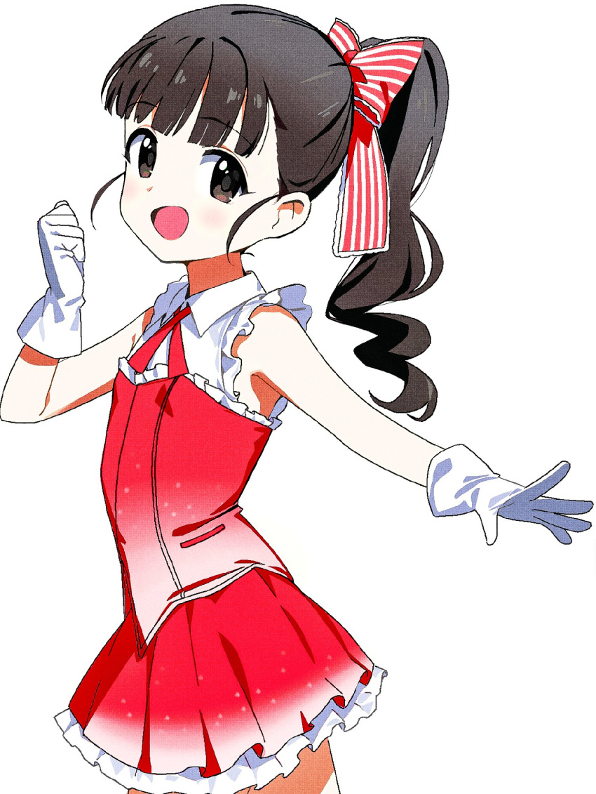 1girl black_hair blunt_bangs blush bow brown_eyes brown_hair dress frilled_dress frills fukuyama_mai gloves hair_bow highres idolmaster idolmaster_cinderella_girls jiryu50610218 long_hair looking_at_viewer open_mouth ponytail red_bow red_dress simple_background sleeveless sleeveless_dress solo striped striped_bow white_background white_gloves