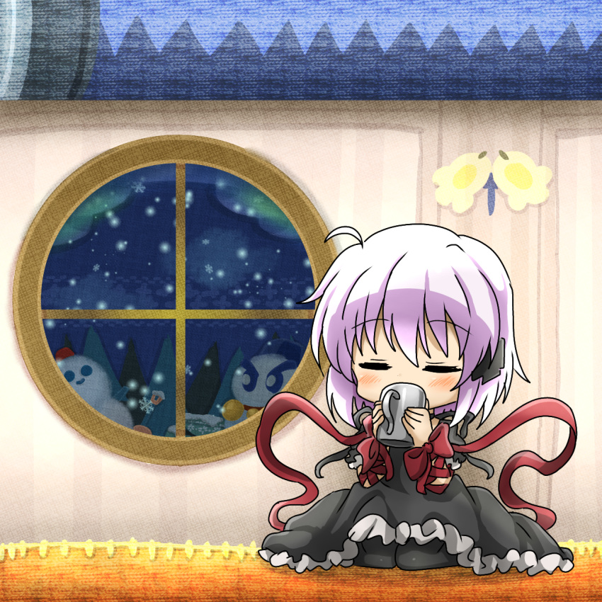 1girl =_= ahoge arm_ribbon black_dress black_pantyhose chibi chilly_(kirby) closed_eyes commentary_request cross_hair_ornament crossover cup dress frilled_dress frills grey_hair hair_between_eyes hair_ornament hands_up highres holding holding_cup indoors kagari_(rewrite) kirby's_return_to_dream_land kirby_(series) long_ribbon marihei64ds pantyhose puffy_short_sleeves puffy_sleeves red_ribbon rewrite ribbon short_hair short_sleeves sitting solo wariza wrist_bow