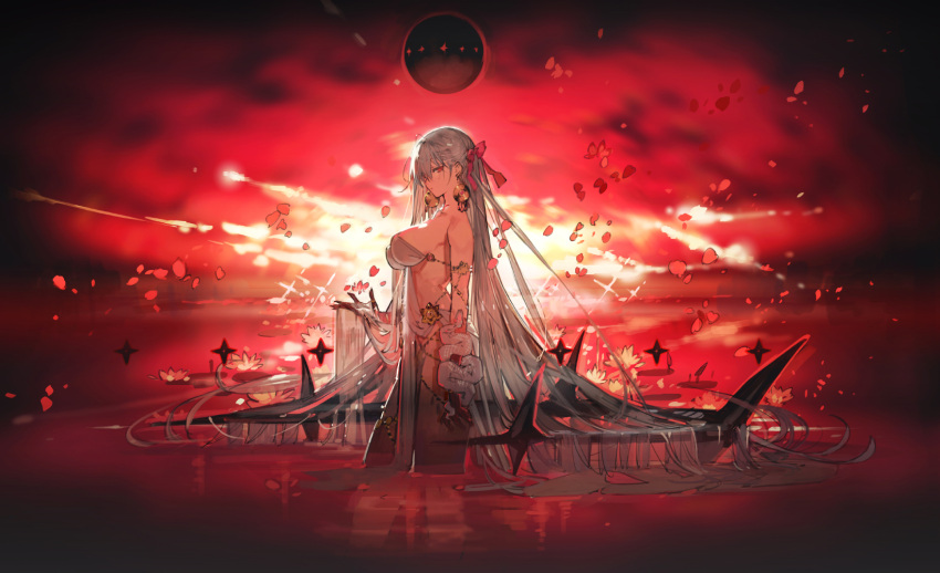 1girl armlet bare_shoulders belly_chain blush body_markings bracelet breasts cleavage collarbone colored_skin durga_(fate) earrings facial_mark fate/grand_order fate_(series) forehead_mark gradient_skin grey_hair hair_ribbon highres jewelry large_breasts long_hair looking_at_viewer orange_eyes pelvic_curtain red_skin red_sky revealing_clothes ribbon sash sky snake solo starshadowmagician thighs thumb_ring very_long_hair wading water