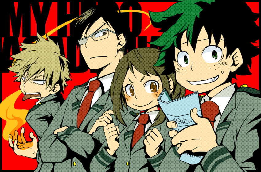 1girl 3boys bakugou_katsuki black_hair blonde_hair blush bodysuit boku_no_hero_academia brown_eyes brown_hair clenched_hands collared_shirt copyright_name crossed_arms flaming_hand freckles glasses green_eyes green_hair grin holding holding_paper iida_tenya looking_back midoriya_izuku multiple_boys necktie nervous_smile open_mouth paper red_background red_necktie school_uniform shirt short_hair smile spiked_hair sweatdrop teeth tongue tongue_out u.a._school_uniform upper_teeth_only uraraka_ochako white_shirt yam_(redjest)