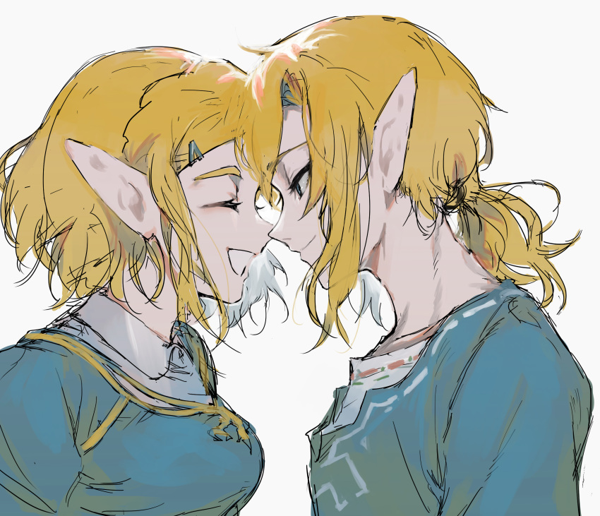 1boy 1girl blonde_hair blue_eyes blue_shirt champion's_tunic_(zelda) closed_eyes face-to-face forehead-to-forehead from_side grey_background hair_ornament hairclip heads_together hetero highres holding_hands interlocked_fingers link long_sleeves medium_hair messy_hair open_mouth pointy_ears ponytail princess_zelda shirt short_hair simple_background smile suechimu the_legend_of_zelda the_legend_of_zelda:_tears_of_the_kingdom upper_body