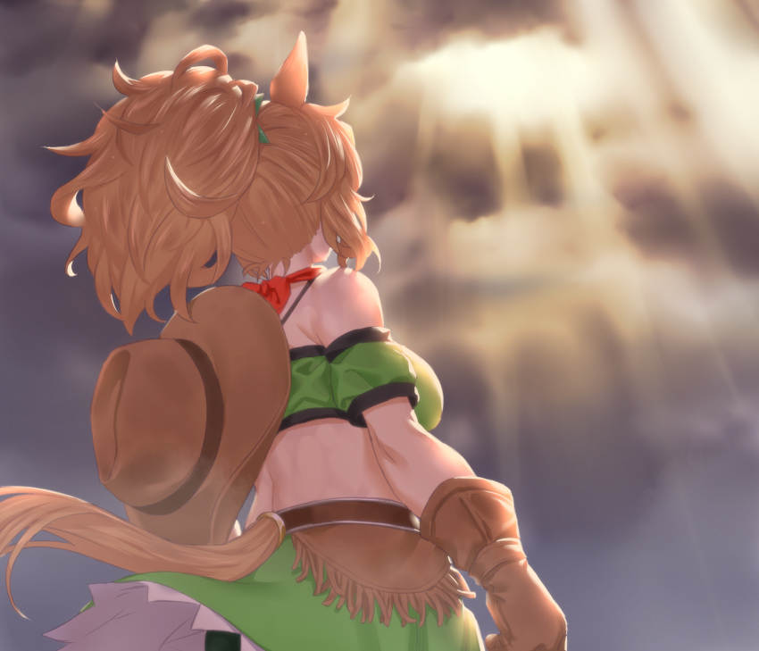 1girl animal_ears bare_shoulders breasts brown_gloves brown_hair brown_headwear cloud cloudy_sky commentary_request crop_top from_behind gloves green_shirt green_skirt highres horse_ears large_breasts midriff miniskirt off-shoulder_shirt off_shoulder onsoku_inu outdoors ponytail shirt short_sleeves skirt skirt_set sky solo taiki_shuttle_(umamusume) tail umamusume upper_body