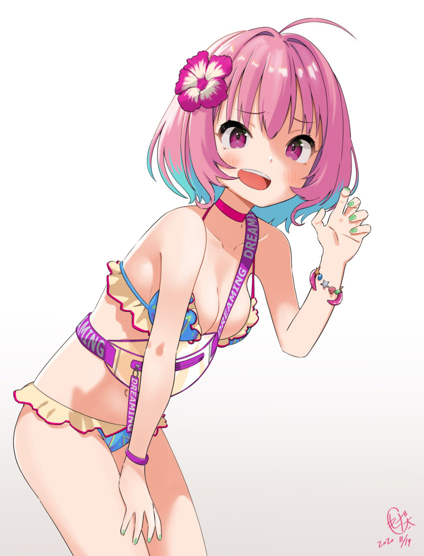 1girl ahoge bikini blue_bikini blue_hair blush bracelet breasts choker dated dot_nose fanny_pack flower frilled_bikini frills from_side gradient_background green_nails hair_intakes hand_on_own_leg hand_up hibiscus highres idolmaster idolmaster_cinderella_girls idolmaster_cinderella_girls_starlight_stage illust_audio jewelry large_breasts looking_at_viewer multicolored_hair nail_polish open_mouth pink_choker pink_eyes pink_flower pink_hair purple_bracelet short_hair signature simple_background solo swimsuit teeth two-tone_hair upper_teeth_only white_background yumemi_riamu