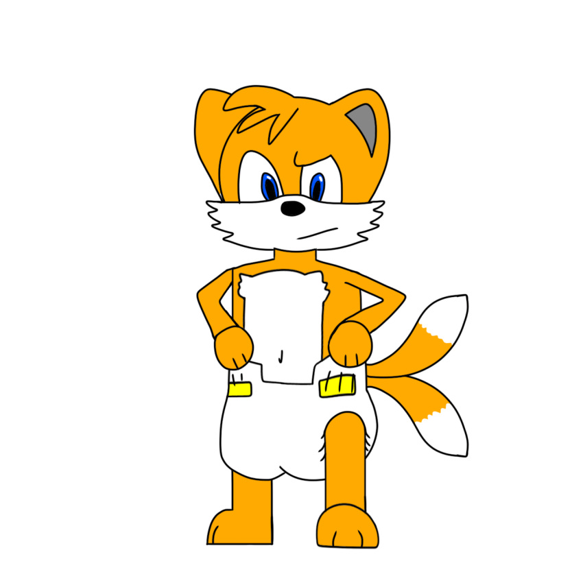 2_tails anthro blue_eyes canid canine child clothed clothing confusion curiosity diaper diaper_only feet fox fur fur_tuft hand_on_clothing hand_on_diaper hi_res holding_clothing holding_diaper holding_object iris looking_down mammal miles_prower mobian_fox multi_tail navel orange_body orange_fur pupils sega solo sonic_the_hedgehog_(film) sonic_the_hedgehog_(series) sonic_the_hedgehog_2_(film) tail three-quarter_view topless touching_diaper tuft war_machine_furry wearing_diaper white_body white_fur young