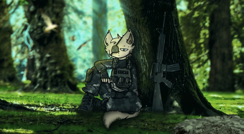 anthro assault_rifle background_character boots canid canine canis cinemagraph clothing colored combat_boots detailed_background footwear forest fox gradient_background green_background gun hi_res humanoid knife m16 male mammal military military_uniform myke narrowed_eyes plant ranged_weapon rifle simple_background solo topwear tree uniform vest wallpaper weapon wolf wood xiomih