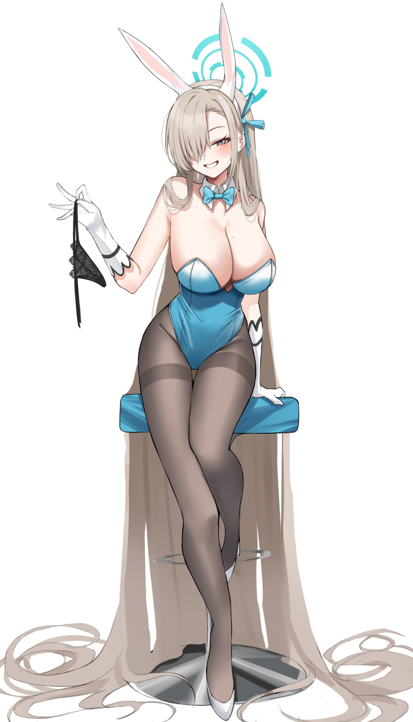 1girl absurdly_long_hair absurdres animal_ears arm_up asuna_(blue_archive) asuna_(bunny)_(blue_archive) bare_shoulders black_panties black_pantyhose blue_archive blue_bow blue_bowtie blue_eyes blue_leotard blue_ribbon bow bowtie breasts cleavage collar detached_collar fake_animal_ears gloves grin hair_over_one_eye hair_ribbon high_heels highleg highleg_leotard highres holding holding_clothes holding_panties holding_underwear large_breasts leotard light_brown_hair long_hair looking_at_viewer mole mole_on_breast nemun_(tamizzz) official_alternate_costume on_stool one_eye_covered panties pantyhose playboy_bunny rabbit_ears ribbon simple_background sitting smile solo stool strapless strapless_leotard underwear very_long_hair white_background white_collar white_footwear white_gloves wing_collar