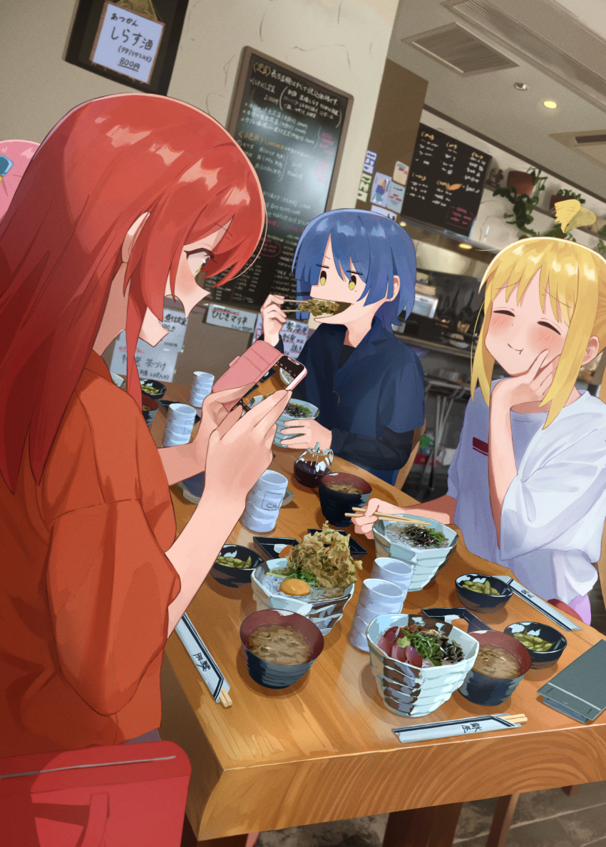 4girls ahoge black_shirt blonde_hair blue_hair blue_shirt blush bocchi_the_rock! cellphone chopsticks closed_eyes closed_mouth eating food gotoh_hitori green_eyes highres holding holding_chopsticks holding_phone ijichi_nijika kita_ikuyo layered_sleeves long_hair long_sleeves mole mole_under_eye multiple_girls orange_shirt phone pink_hair red_hair shirasuke_0822 shirt short_hair short_over_long_sleeves short_sleeves smartphone smile white_shirt yamada_ryo