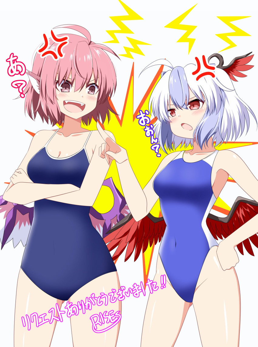 2girls ahoge anger_vein animal_ears artist_name bare_arms bare_legs bare_shoulders bird_ears bird_wings blue_hair blue_one-piece_swimsuit blush collarbone commission competition_swimsuit cowboy_shot grey_hair groin hair_between_eyes head_wings highres multicolored_hair multiple_girls mystia_lorelei one-piece_swimsuit open_mouth pink_eyes pink_hair red_wings rise_(rise19851203) school_swimsuit short_hair signature single_head_wing skeb_commission swimsuit tokiko_(touhou) touhou two-tone_hair white_wings wings