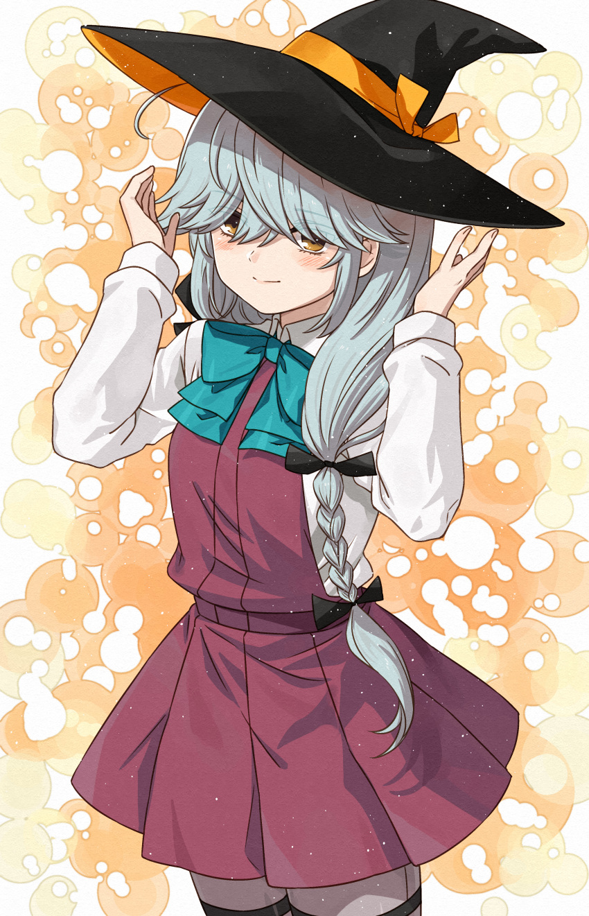 1girl absurdres ahoge aqua_bow aqua_bowtie black_headband blush bow bowtie braid brown_eyes closed_mouth collared_shirt commission cowboy_shot dress grey_hair grey_pantyhose hamanami_(kancolle) hat headband highres kanmiya_shinobu kantai_collection long_hair long_sleeves pantyhose pleated_dress purple_dress shirt single_braid skeb_commission smile solo white_shirt witch_hat