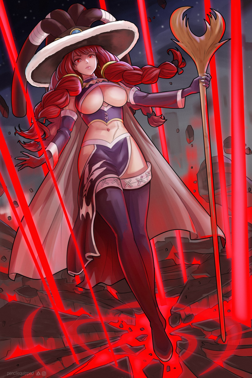 1girl absurdres artstation_logo breasts cape contrapposto detached_sleeves fairy_tail ground hat highres holding holding_staff instagram_logo irene_belserion large_breasts long_hair magic midriff navel open_hand pelvic_curtain pencilequipped quad_braids red_eyes red_hair revealing_clothes staff standing thighhighs underboob wizard wizard_hat