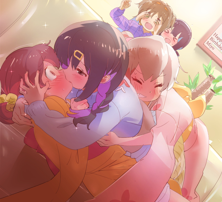 5girls black_hair blue_hair blue_kimono blush braid brown_eyes brown_hair clenched_teeth commentary couch covering_another's_eyes drunk fang grey_hair hair_ornament hairclip happy_birthday hozuki_momiji hug indoors japanese_clothes kimono kiss kyarahiba long_hair lying multicolored_hair multiple_girls murosaki_miyo oka_asahi on_back on_couch onii-chan_wa_oshimai! orange_hair oyama_mahiro oyama_mihari pink_kimono purple_hair red_hair short_hair siblings sisters teeth two-tone_hair two_side_up wide-eyed xo yellow_kimono yukata yuri