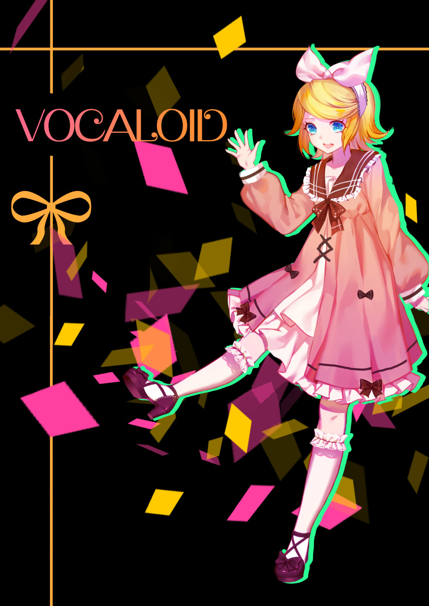 1girl absurdres alternate_costume blonde_hair blue_eyes hair_ornament hair_ribbon hairclip hand_up happy highres kagamine_rin looking_at_viewer molianmengdada open_mouth ribbon shoes short_hair smile solo vocaloid waving