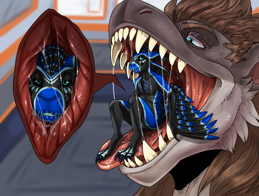 absurd_res anthro black_body black_feathers black_sclera blue_body blue_eyes blue_feathers bodily_fluids cheek_tuft cutaway duo facial_tuft fangs feathers hi_res imperatorcaesar in_mouth male mouth_shot narrowed_eyes on_tongue open_mouth oral_vore red_tongue saliva saliva_on_tongue sitting smile teeth tongue tuft vore winged_arms wings